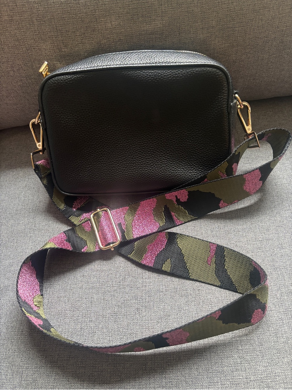 Pom Pom London BLK Pebbled Leather Crossbody Bag Pink & Olive Camouflage Strap